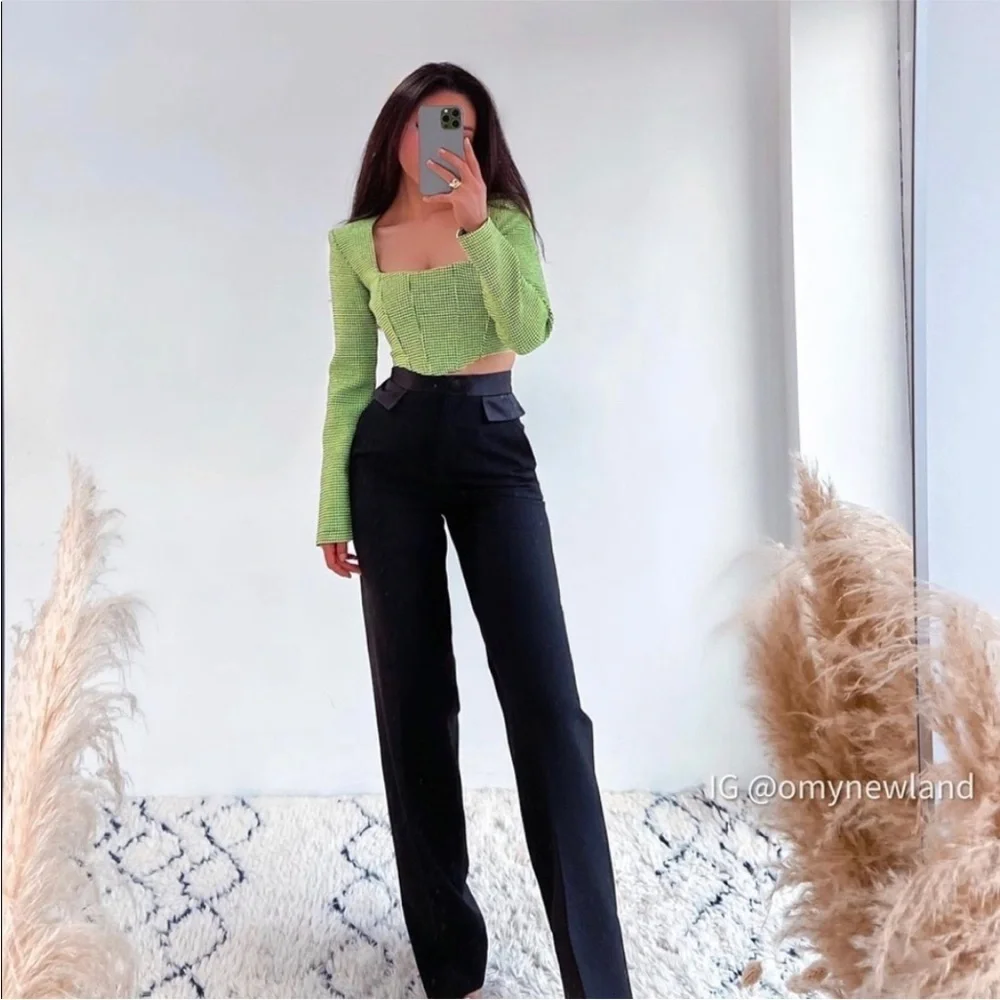 Zara Houndstooth Corset Cropped Top Bloggers Favorite Neon Green Black Small
